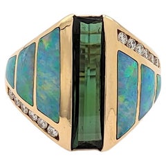 Estate Kabana Green Tourmaline, Opal, and White Diamond Ring in 14K Yellow Gold