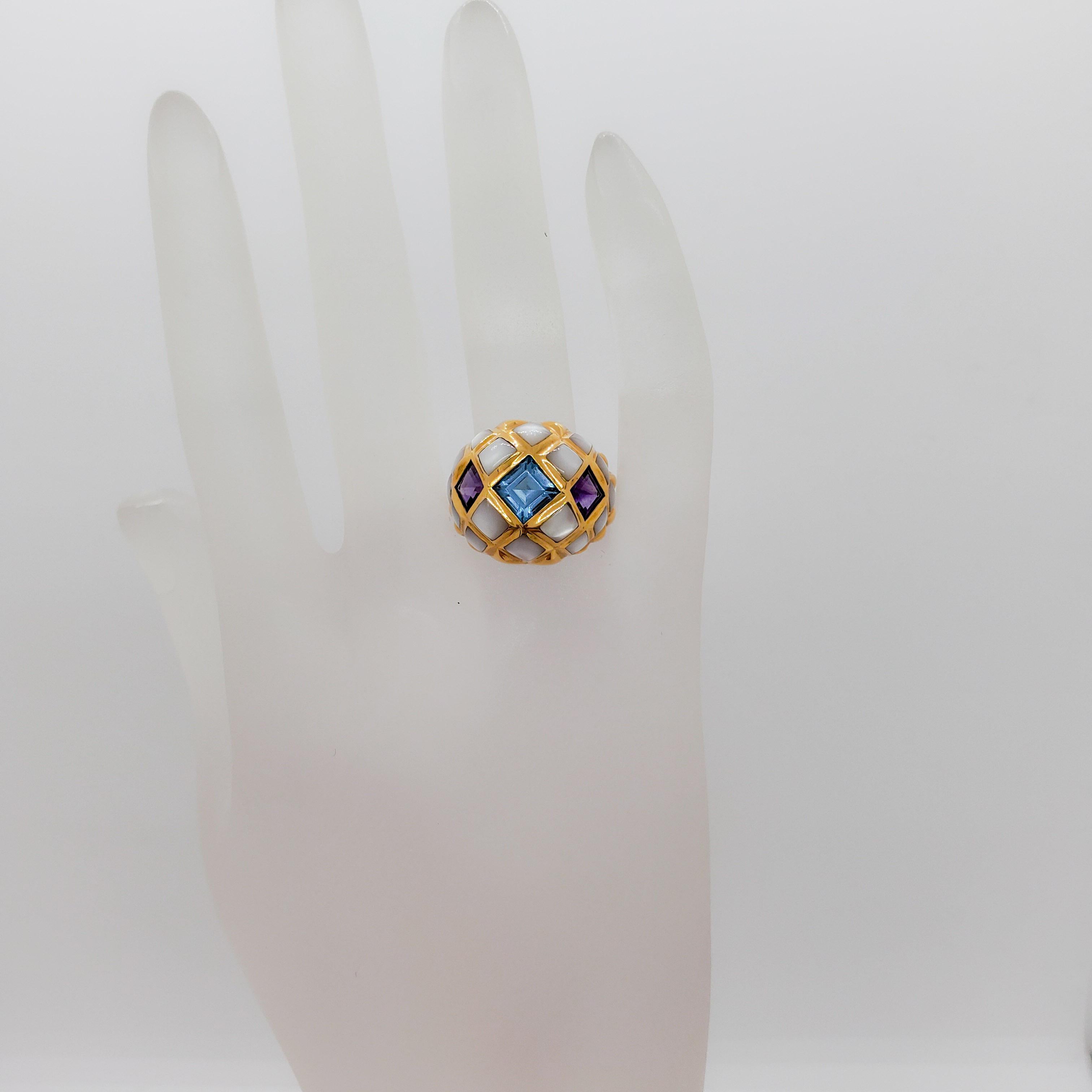 Anillo de cóctel Estate Kabana de madreperla, topacio azul y amatista de 14k en Excelente estado para la venta en Los Angeles, CA
