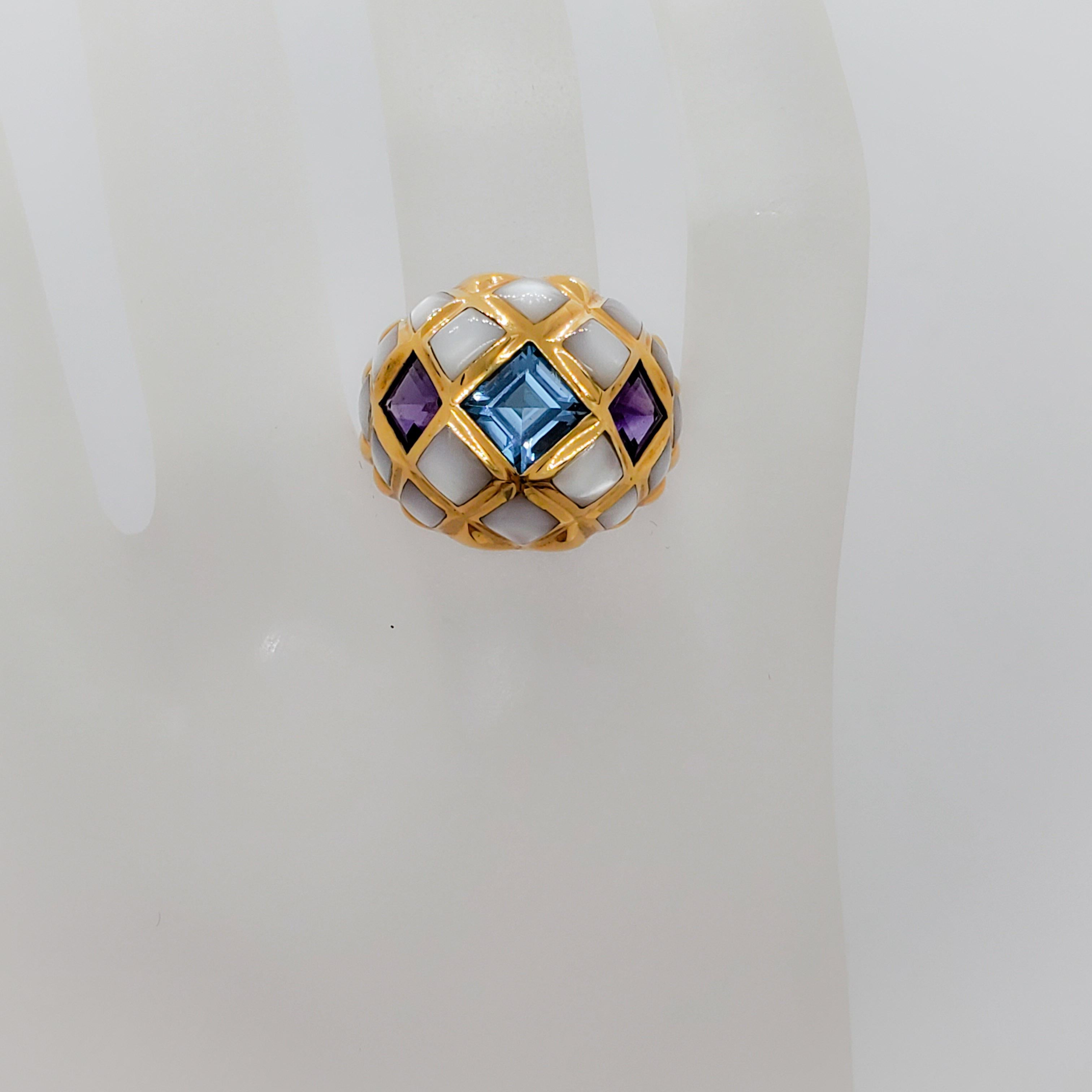 Women's or Men's Estate Kabana Mother of Pearl, Blue Topaz, and Amethyst Cocktail Ring in 14k For Sale