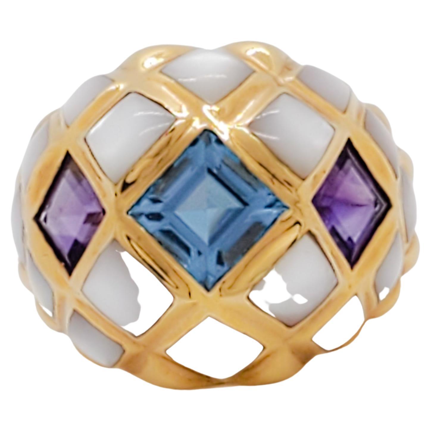 Estate Kabana Mother of Pearl, Blue Topaz, and Amethyst Cocktail Ring in 14k For Sale