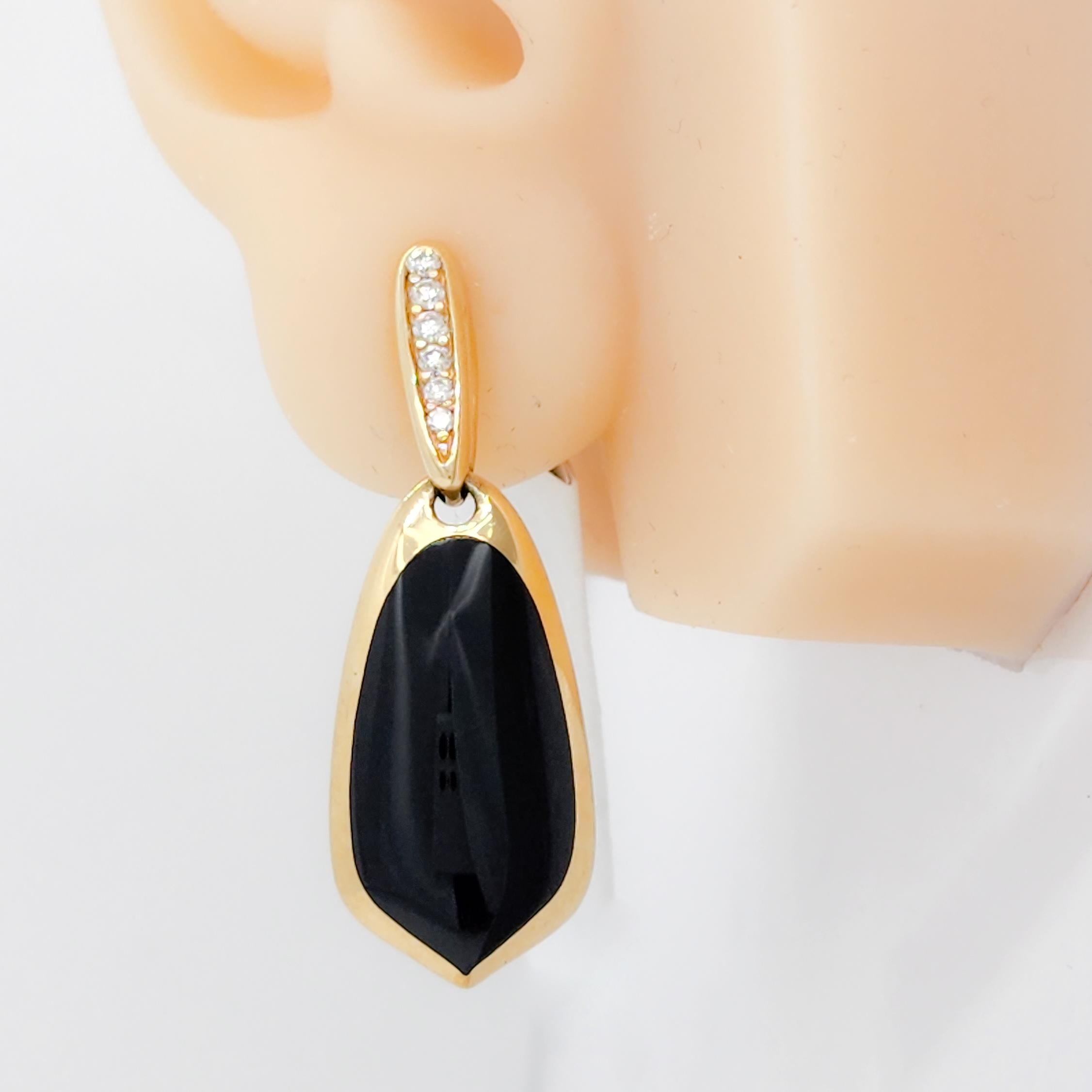 Gorgeous Kabana estate dangle earrings with two fancy shape onyx and 0.19 ct. good quality white diamond rounds.  Handmade in 14k yellow gold.  Made in the USA.