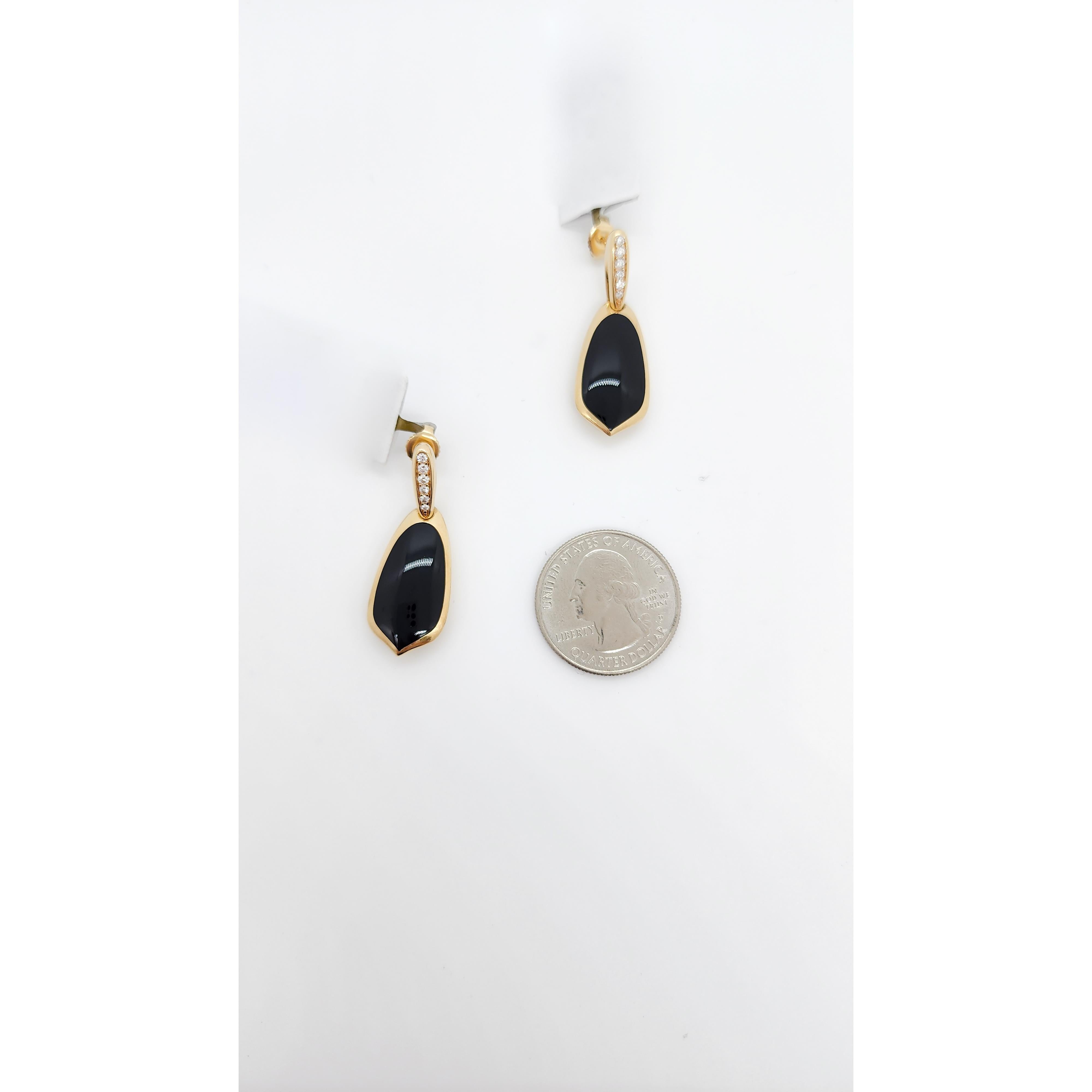 Estate Kabana Onyx and Diamond Dangle Earrings in 14k Yellow Gold For Sale 1