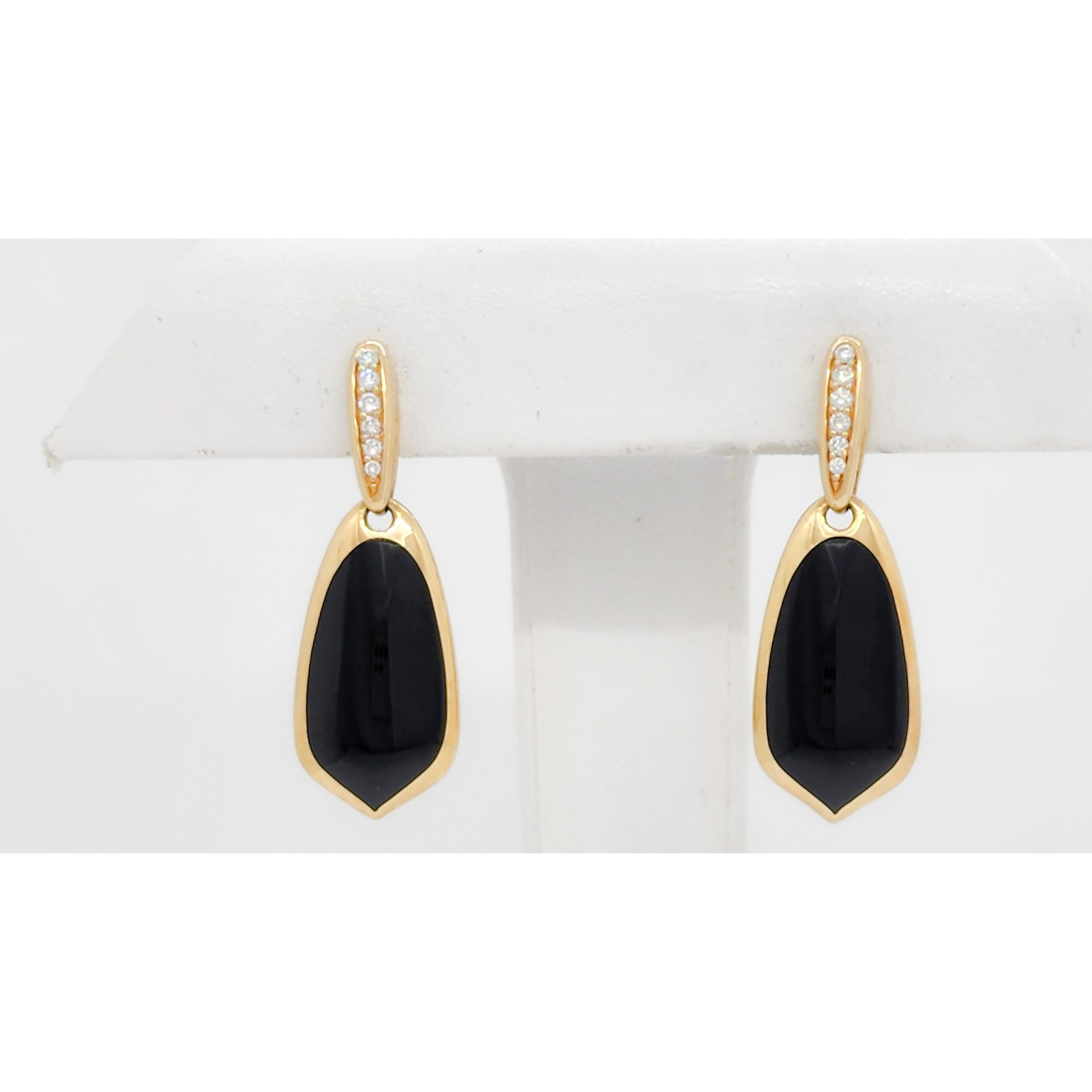Estate Kabana Onyx and Diamond Dangle Earrings in 14k Yellow Gold For Sale 2