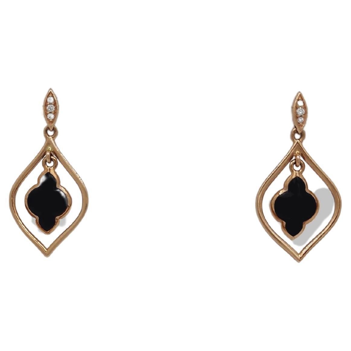 Estate Kabana Onyx and White Diamond Dangle Earrings in 14k Yellow Gold For Sale