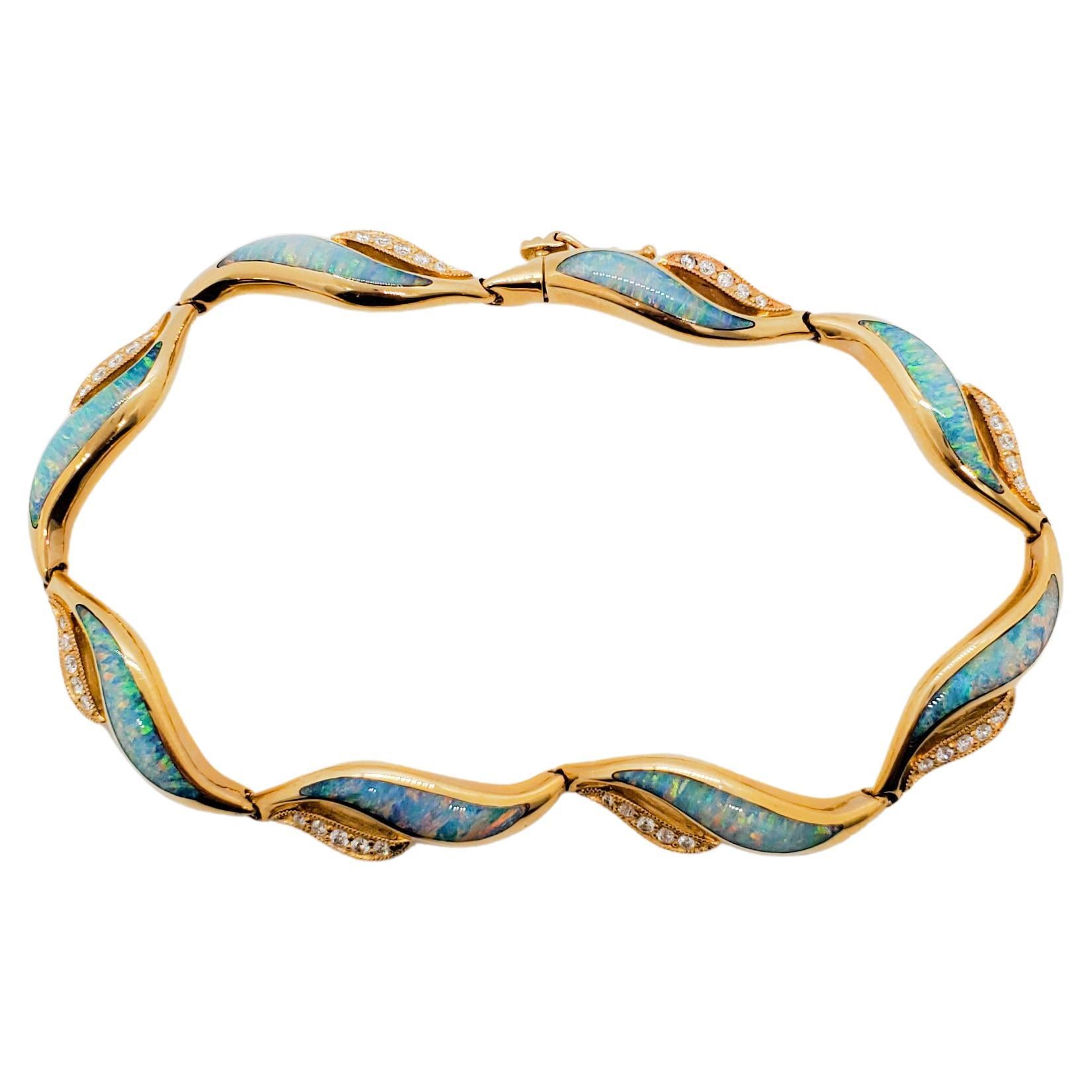 Estate Kabana Opal and Diamond Bracelet in 14k Yellow Gold For Sale
