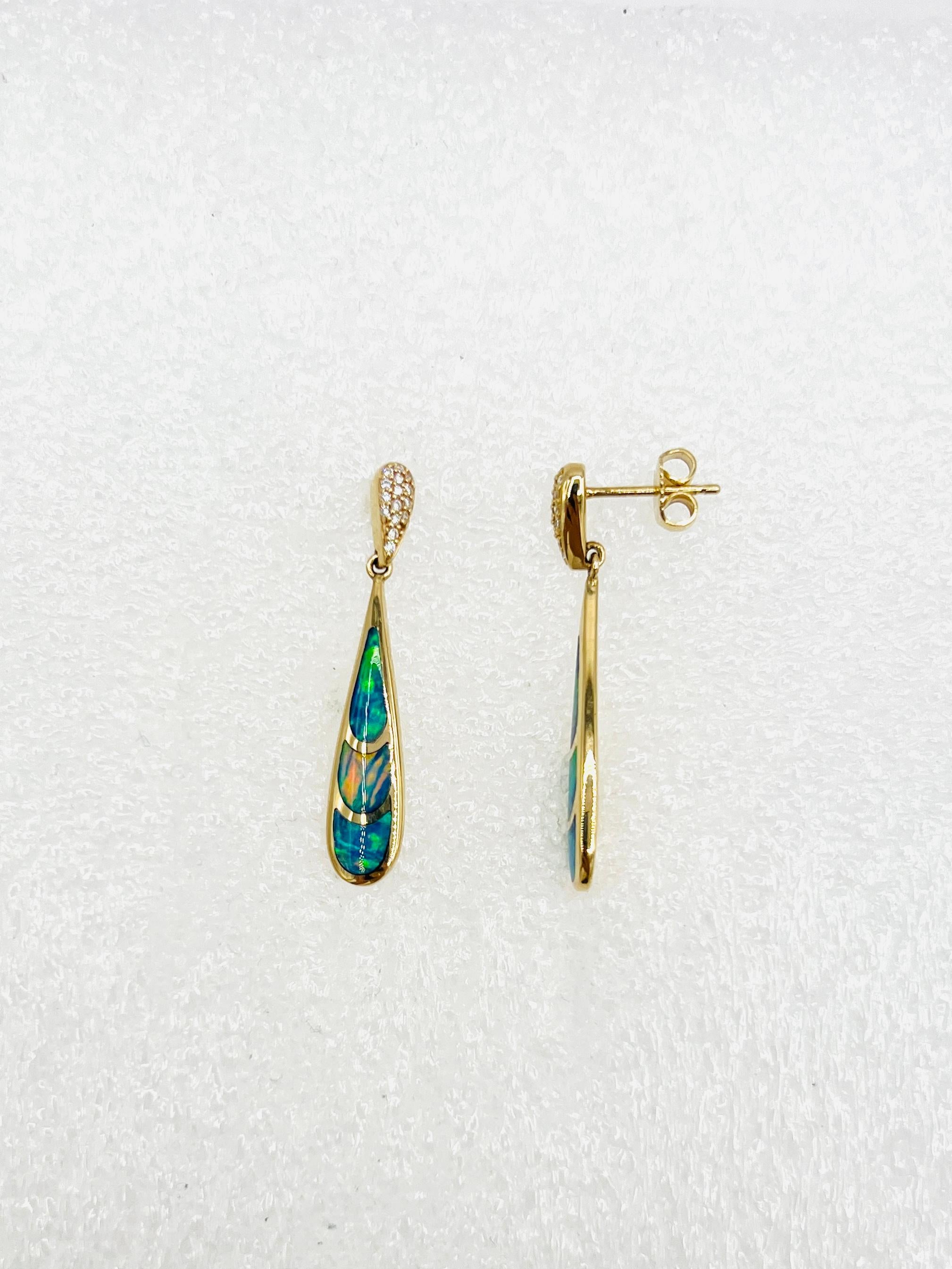 Women's or Men's Estate Kabana Opal and White Diamond Dangle Earrings in 14K Yellow Gold For Sale