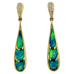 Estate Kabana Opal and White Diamond Dangle Earrings in 14K Yellow Gold