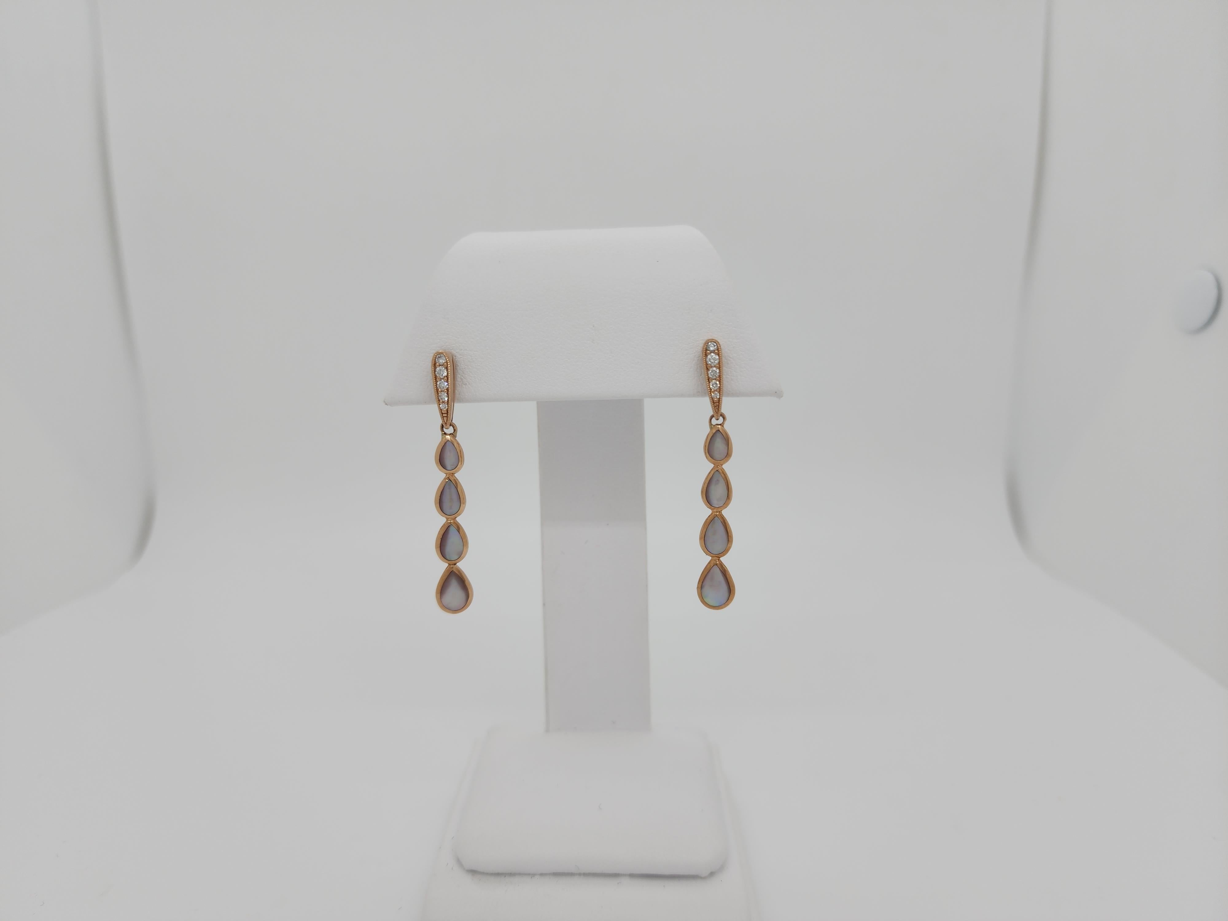 Estate Kabana Pink Mother of Pearl and Diamond Dangle Earrings in 14k Rose Gold 1