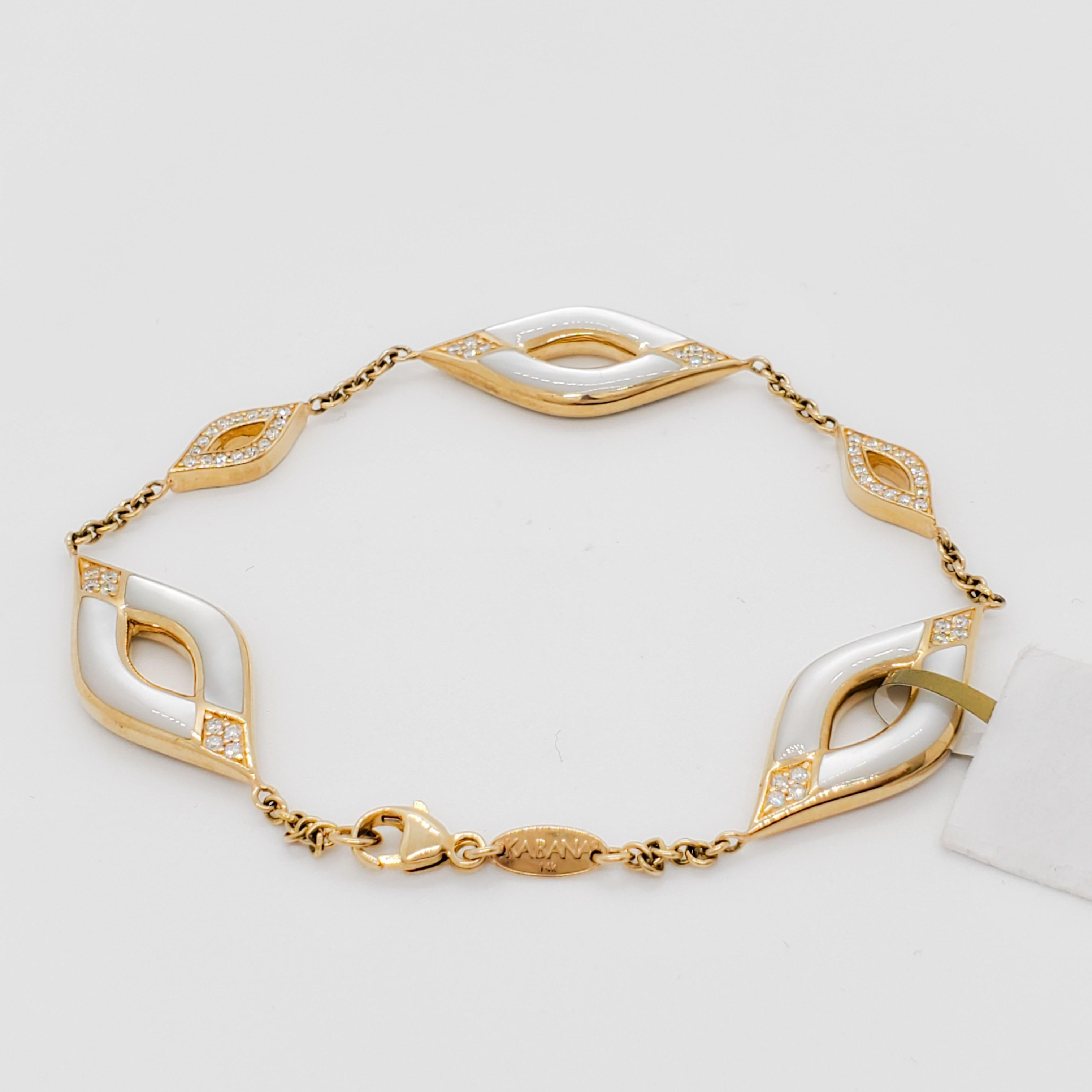Gorgeous Kabana bracelet with white mother of pearl and 0.50 ct. good quality, white, and bright diamond rounds.  Handmade in 14k yellow gold in the USA.  This item retails for much higher.  We have bought a whole deal of Kabana and have several