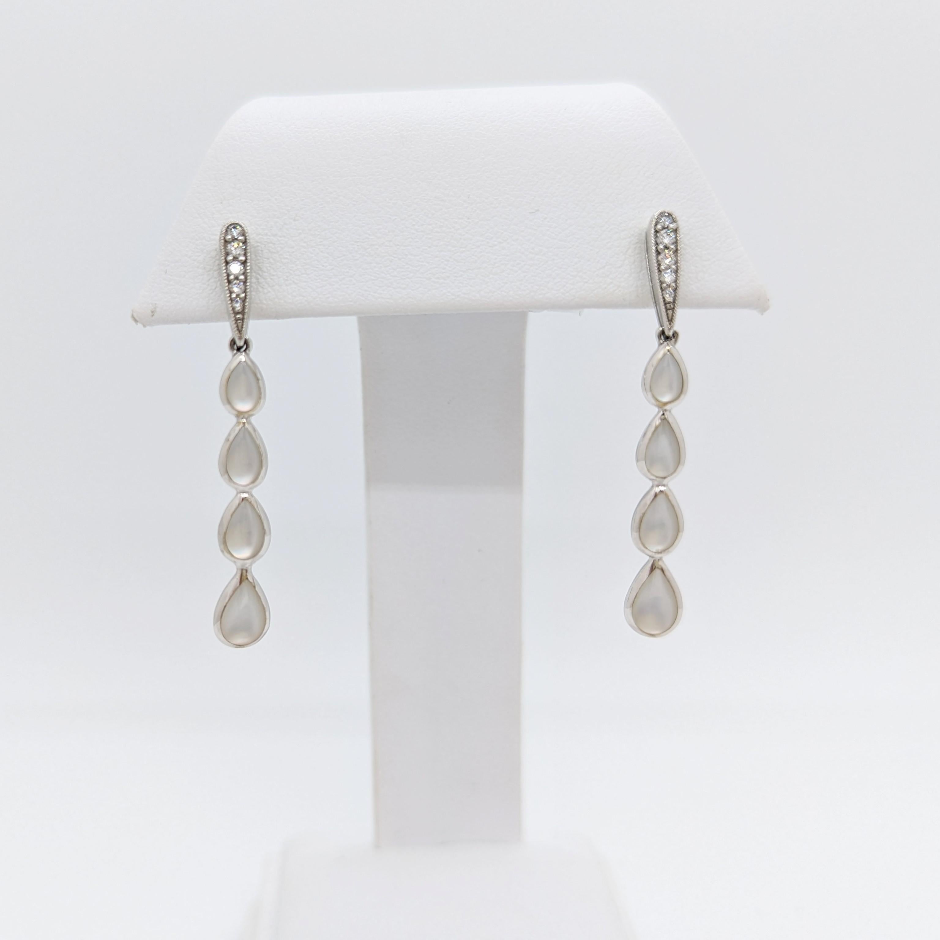 Pear Cut Estate Kabana White Mother Of Pearl Pear Dangle Earrings in 14K White Gold For Sale