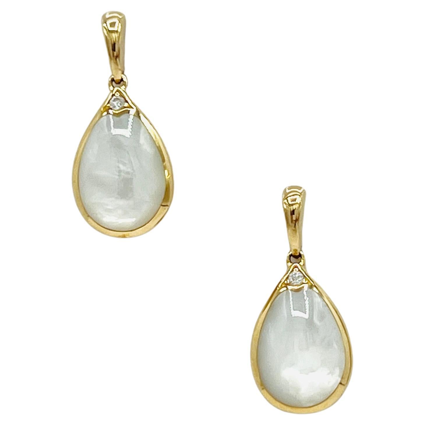 Estate Kabana White Mother of Pearl Pear Dangle Earrings in 14k Yellow Gold