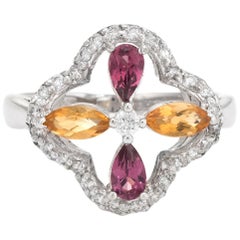 Retro Estate Kate Mc Cullar Rhdolite Garnet Citrine Diamond Ring 14 Karat White Gold