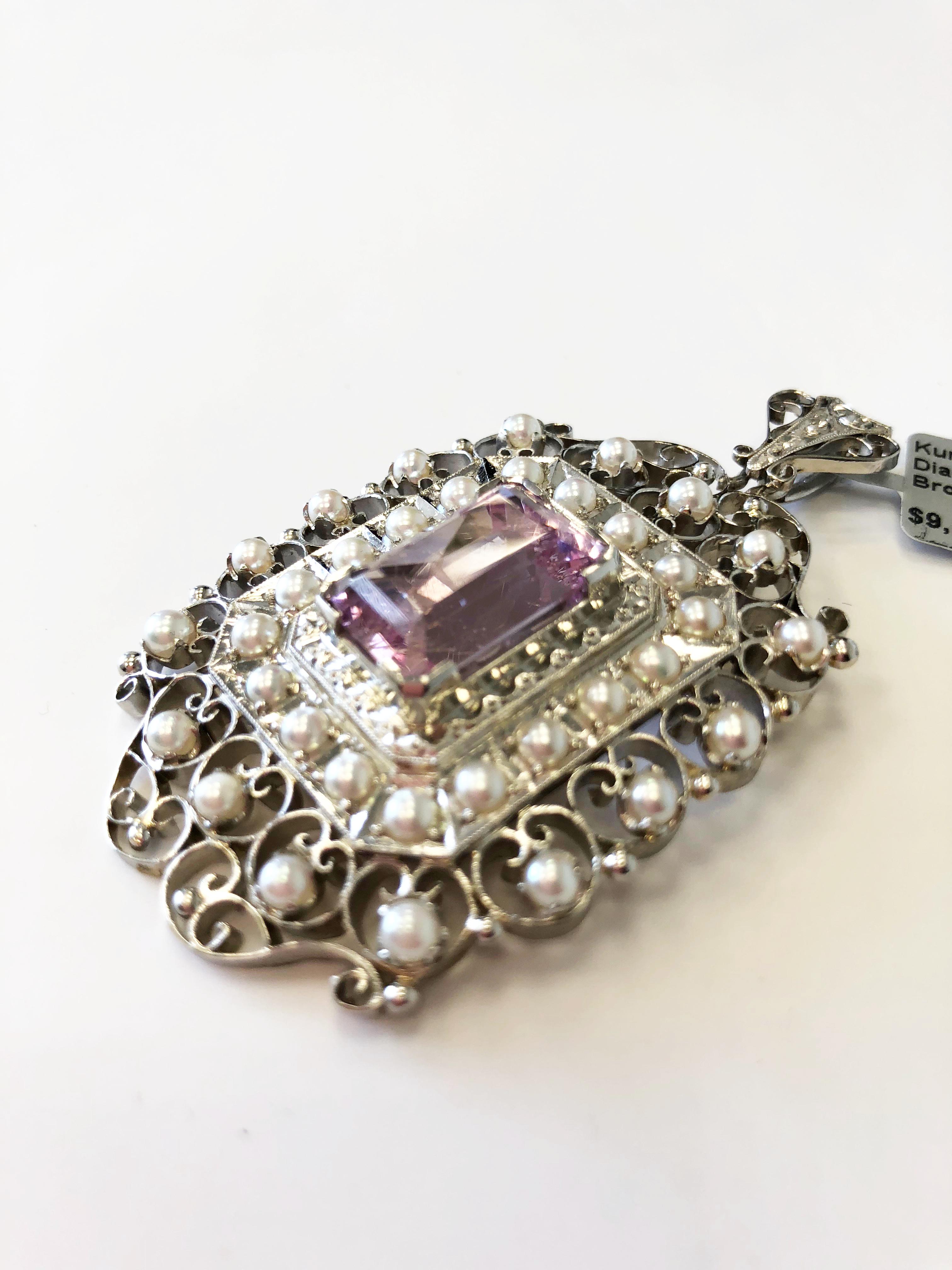 Estate Kunzite Emerald Cut, White Diamond, and Pearl Brooch or Pendant In Excellent Condition In Los Angeles, CA