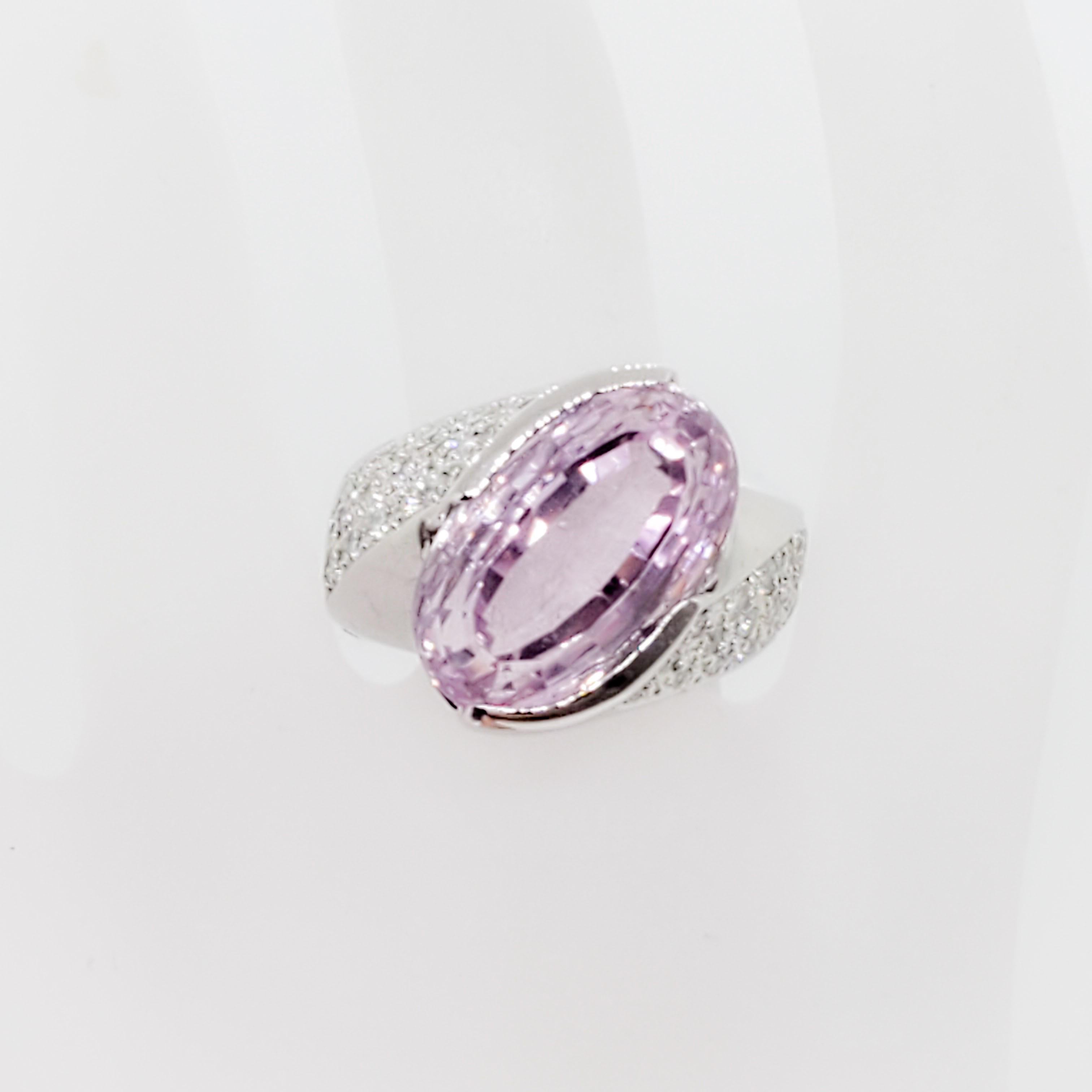 Oval Cut  Kunzite Oval and White Diamond Cocktail Ring in 18 Karat White Gold For Sale