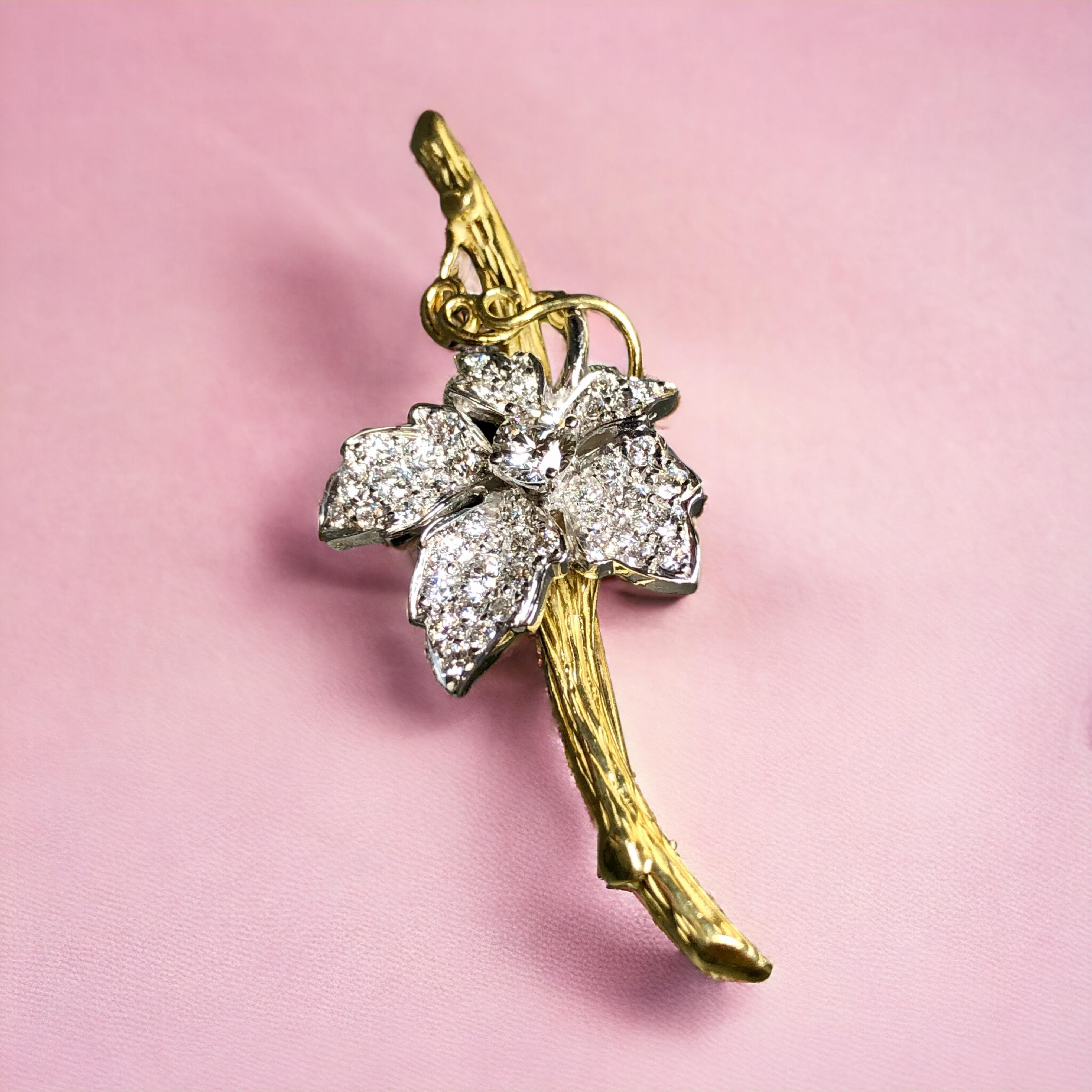Estate KWIAT 18K Diamond Flower On Textured Branch Brooch Pin  Serial Numbered In Excellent Condition For Sale In Winter Springs, FL