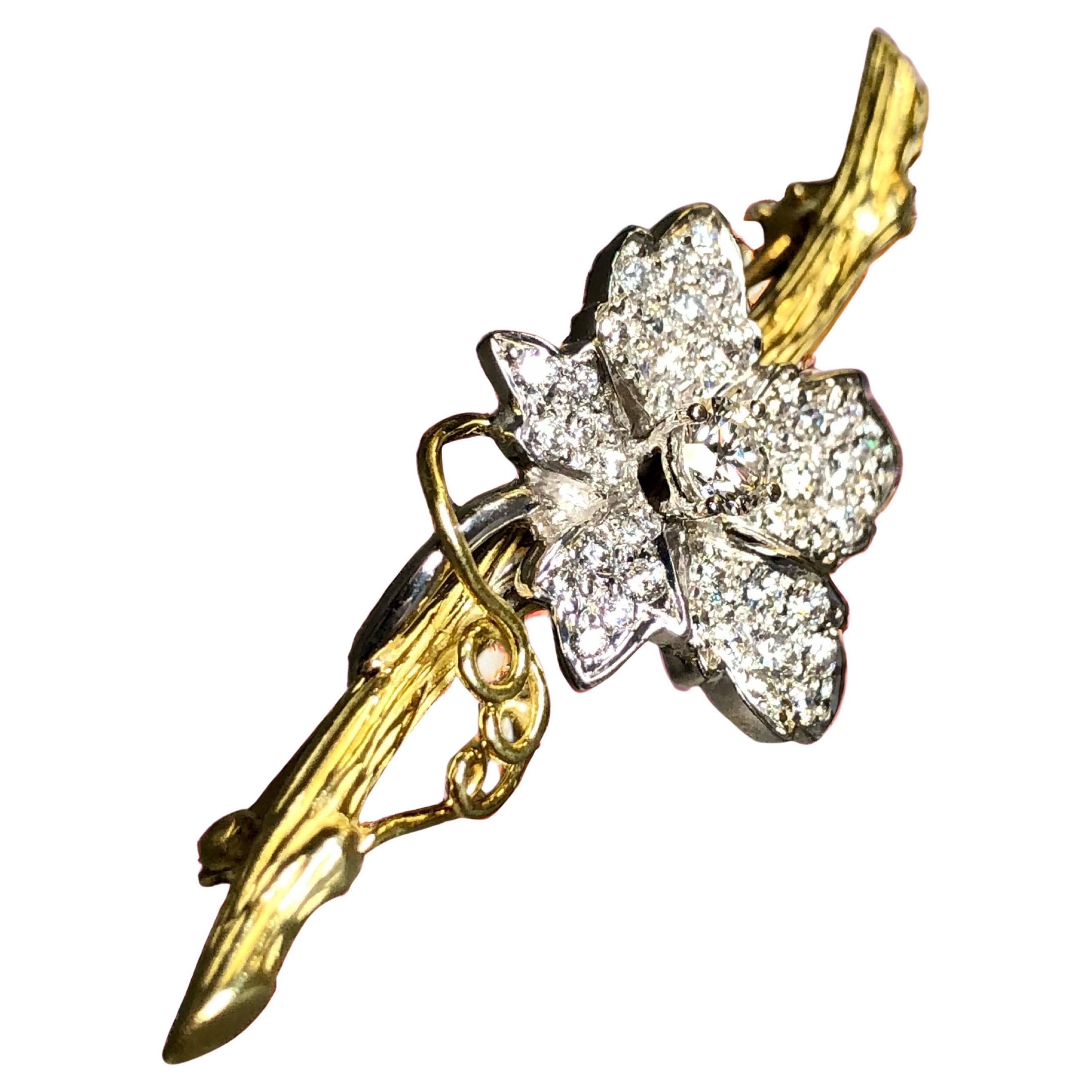 Estate KWIAT 18K Diamond Flower On Textured Branch Brooch Pin  Serial Numbered For Sale