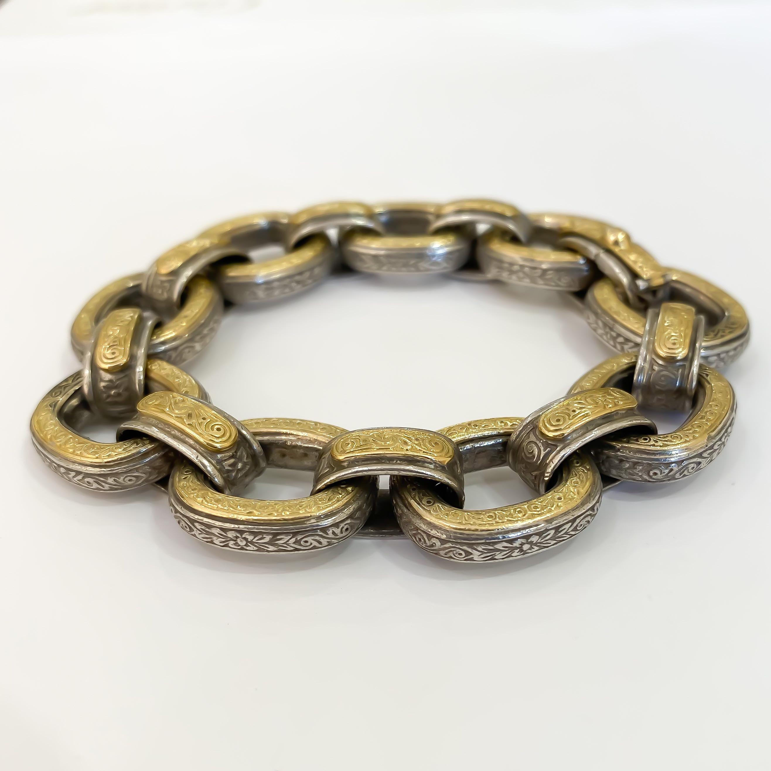 Estate Ladies Konstantino Engraved Open Link Bracelet Silver and 18 Karat Gold In Excellent Condition In Carmel-by-the-Sea, CA