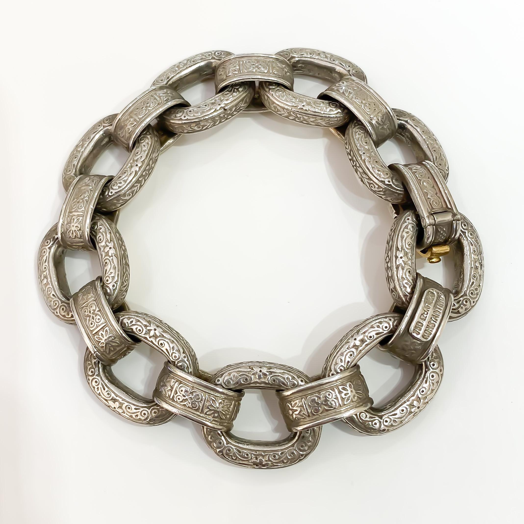 Women's Estate Ladies Konstantino Engraved Open Link Bracelet Silver and 18 Karat Gold