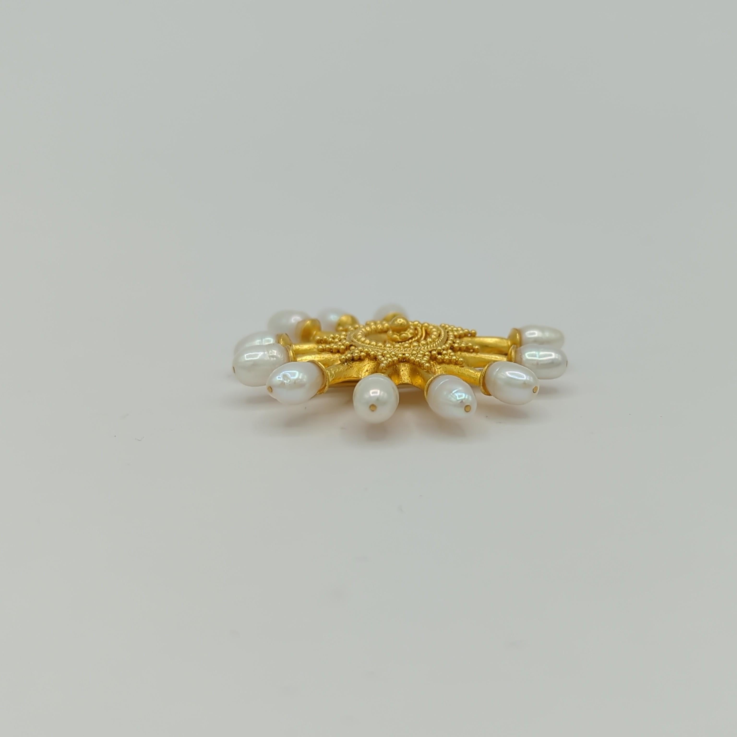 Estate Lalaounis Shell Pearl Pin in 18K Yellow Gold For Sale 1