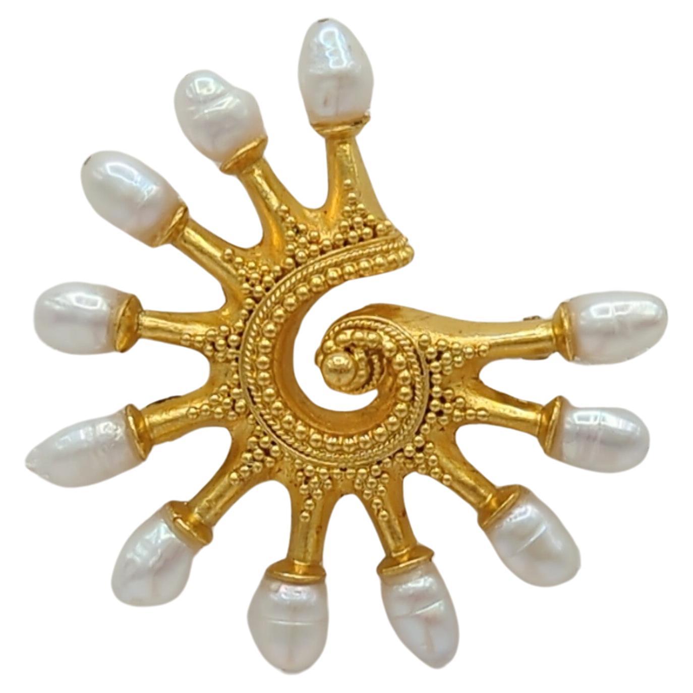 Estate Lalaounis Shell Pearl Pin in 18K Yellow Gold For Sale