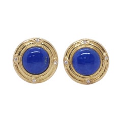 Estate Lapis Lazuli and Diamond Round Earrings in 14k Yellow Gold