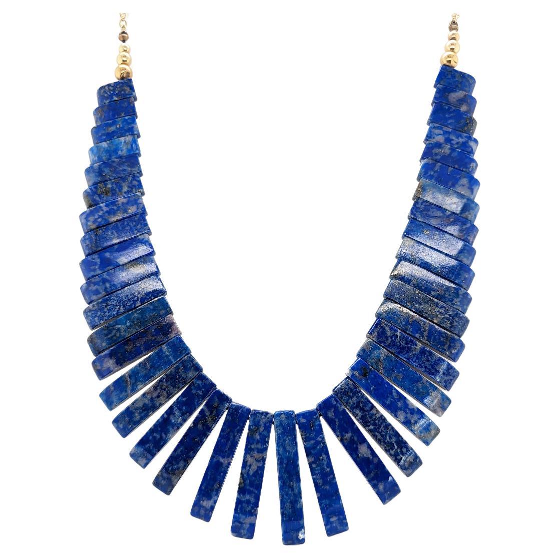 Estate Lapis Lazuli Collar Necklace with 14kt Yellow Gold Beads and Chain For Sale