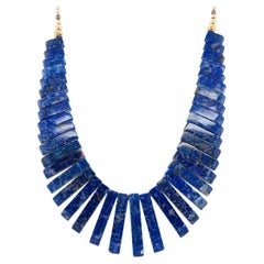Retro Estate Lapis Lazuli Collar Necklace with 14kt Yellow Gold Beads and Chain