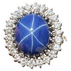 Anillo Estate Large Linde Blue Star Sapphire & .90ct Diamond Halo 18k Euro Shank