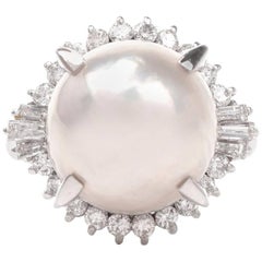Estate Large Pearl Diamond Platinum Cocktail Ring