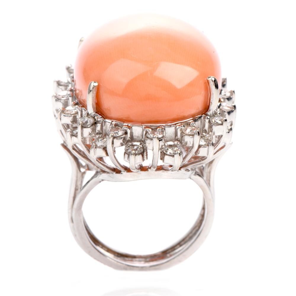 Estate Large Pink Coral Diamond Gold Cocktail Statement Ring In Excellent Condition In Miami, FL