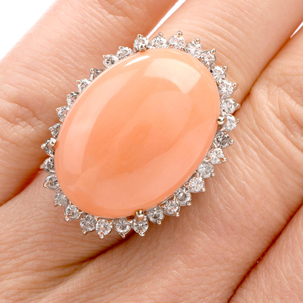 Women's or Men's Estate Large Pink Coral Diamond Gold Cocktail Statement Ring