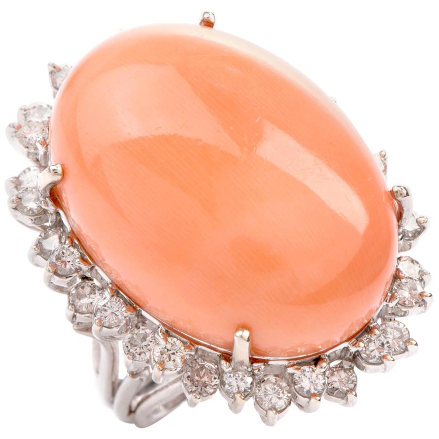 Estate Large Pink Coral Diamond Gold Cocktail Statement Ring