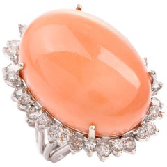 Estate Large Pink Coral Diamond Gold Cocktail Statement Ring
