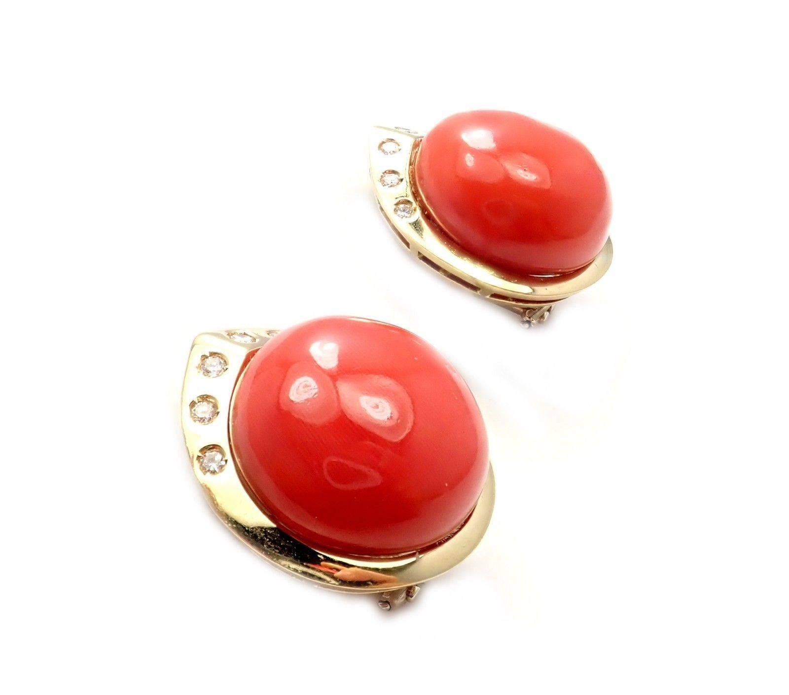 Women's or Men's Estate Large Red Oxblood Coral Diamond Yellow Gold Earrings
