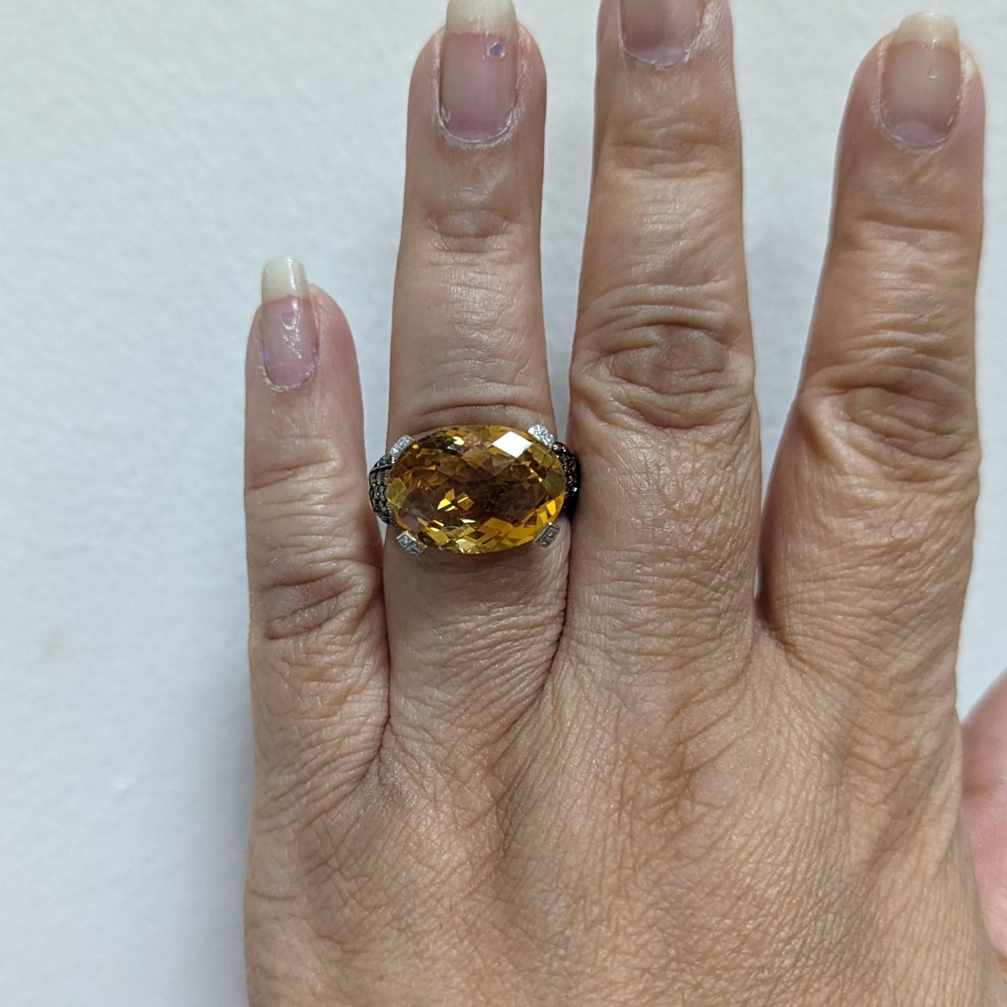 Oval Cut Estate Levian Citrine, White and Champagne Diamond Cocktail Ring in 14k Gold For Sale