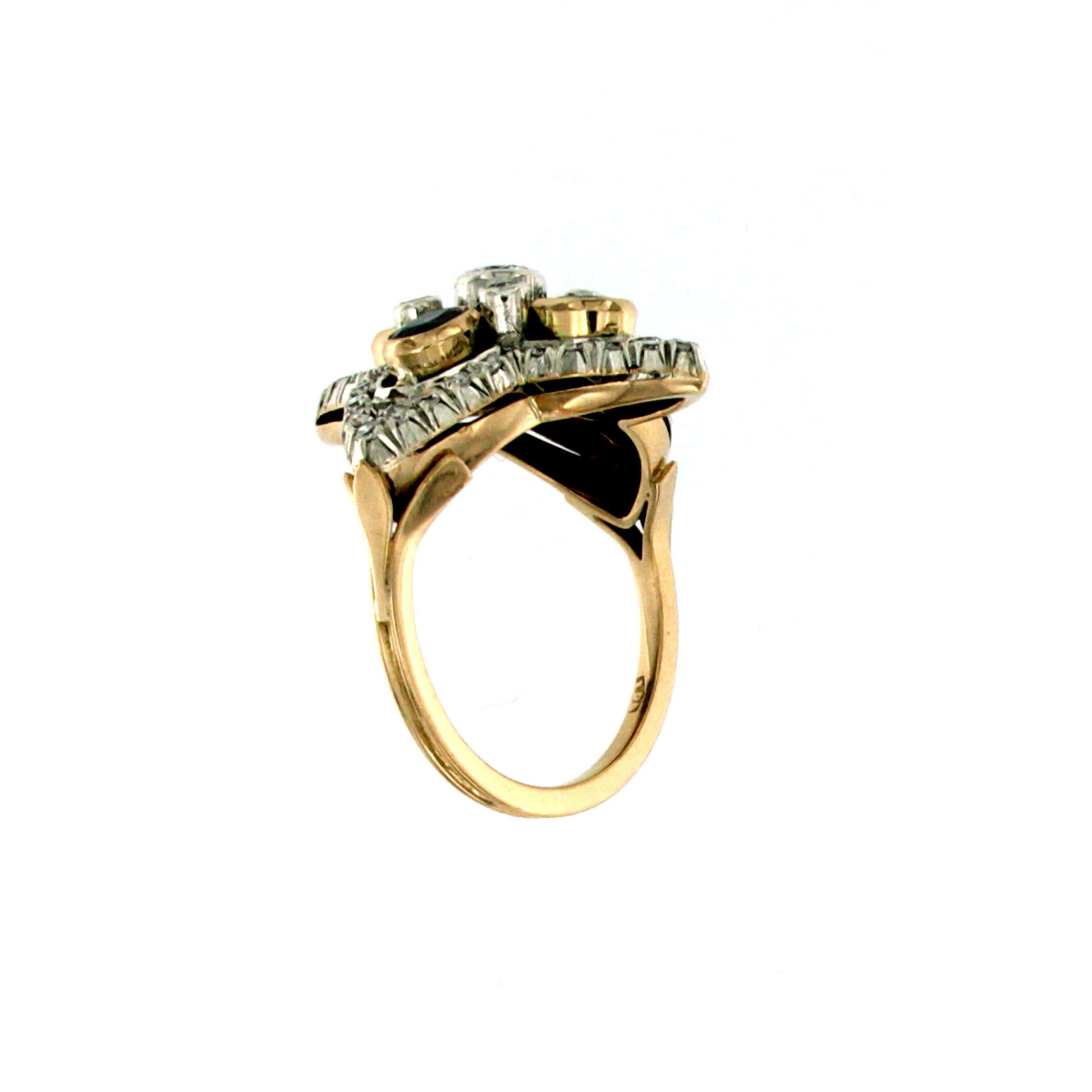 Round Cut Estate Lily Shaped Diamond Sapphire Gold Ring