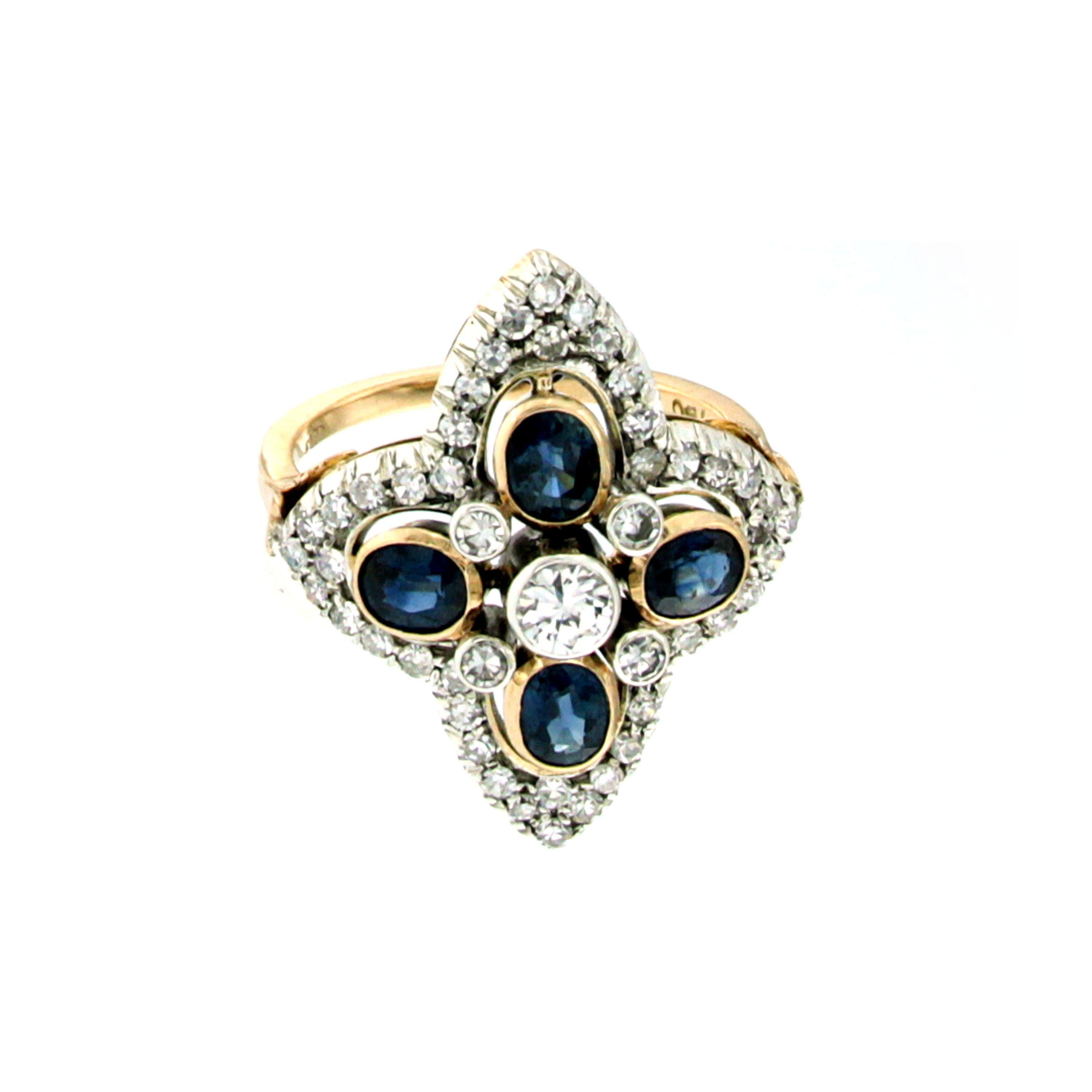 Estate Lily Shaped Diamond Sapphire Gold Ring In Excellent Condition In Napoli, Italy