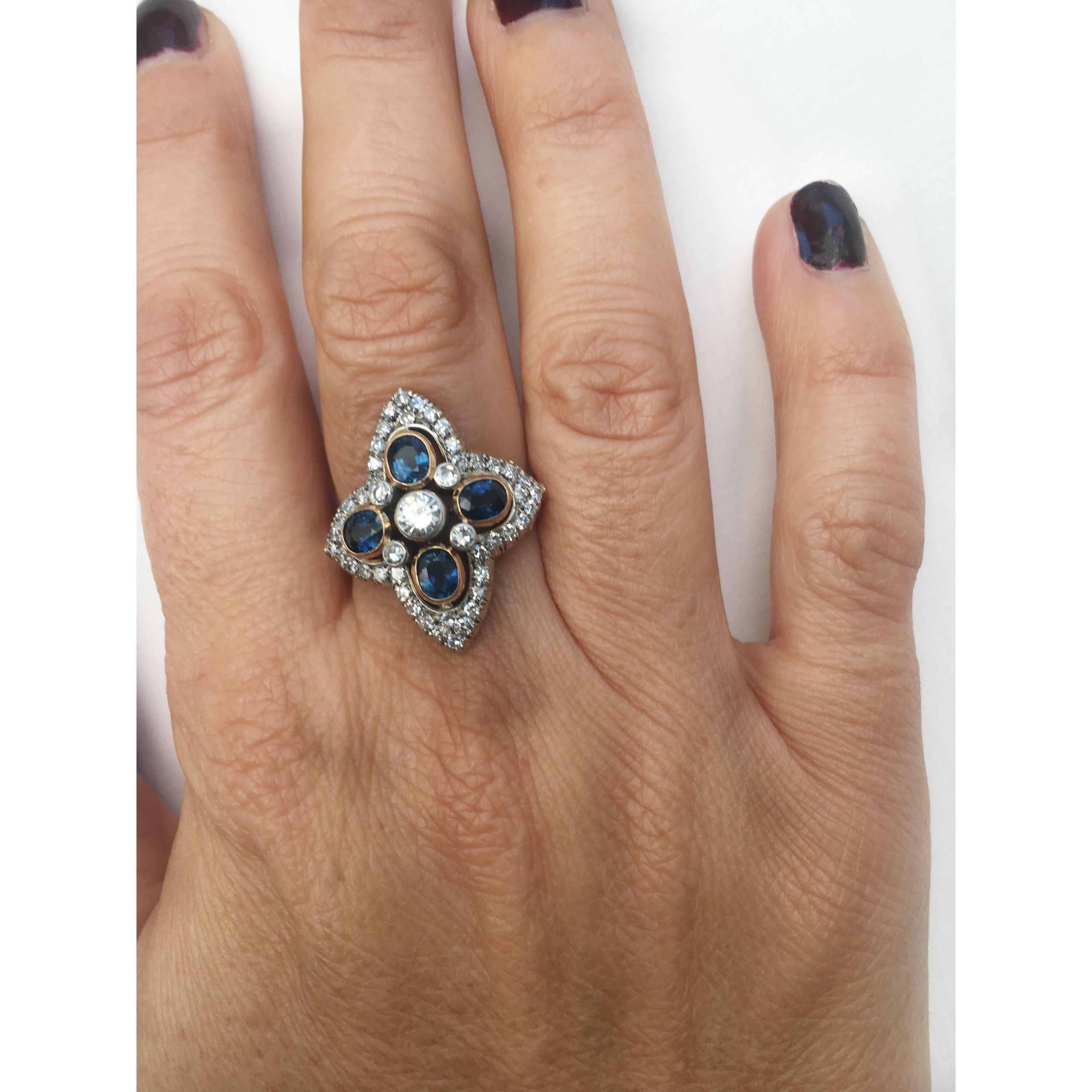 Estate Lily Shaped Diamond Sapphire Gold Ring 2
