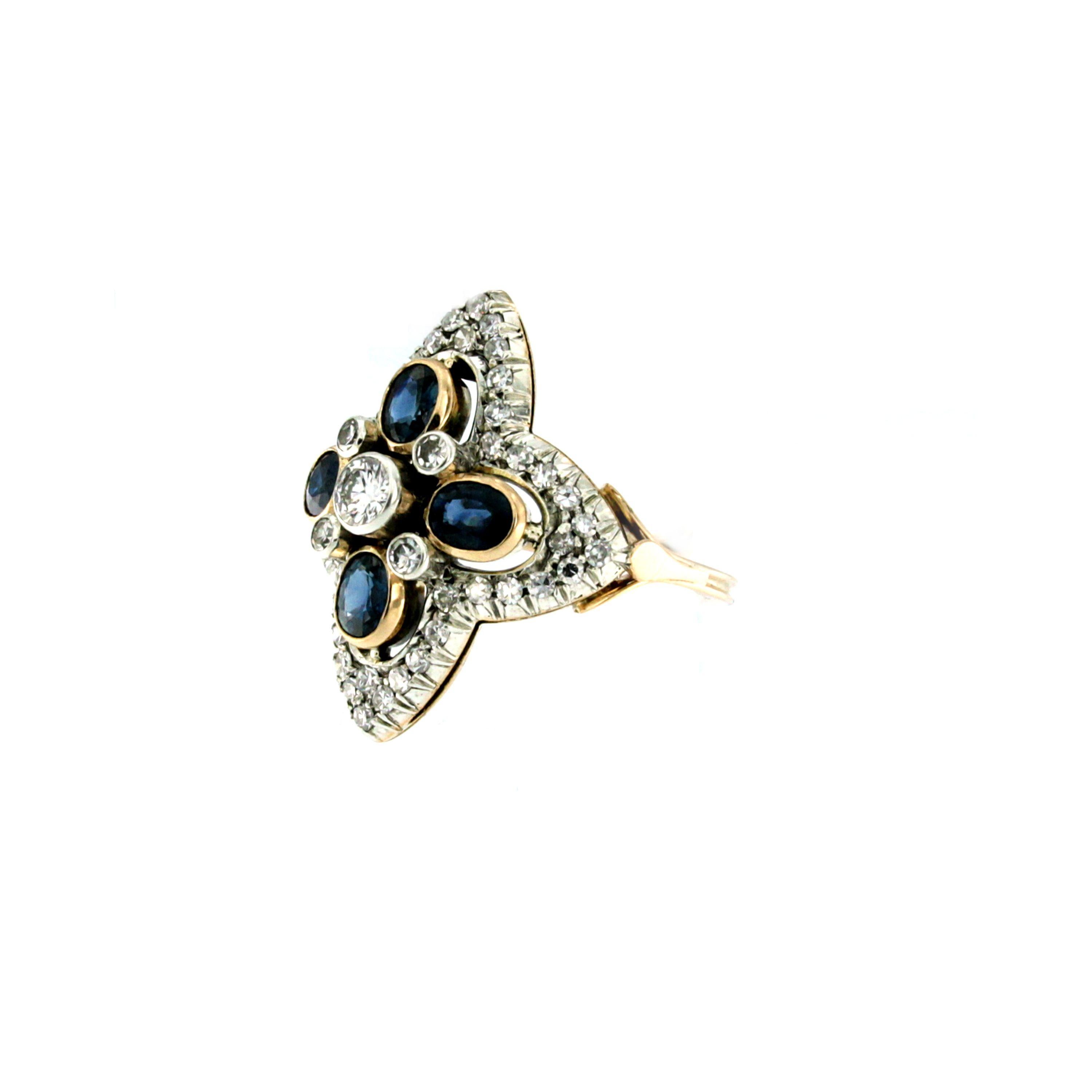 Estate Lily Shaped Diamond Sapphire Gold Ring