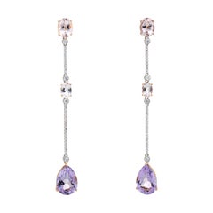 Estate Long Drop Earrings Morganite Amethyst Diamond 18 Karat Gold Fine Jewelry