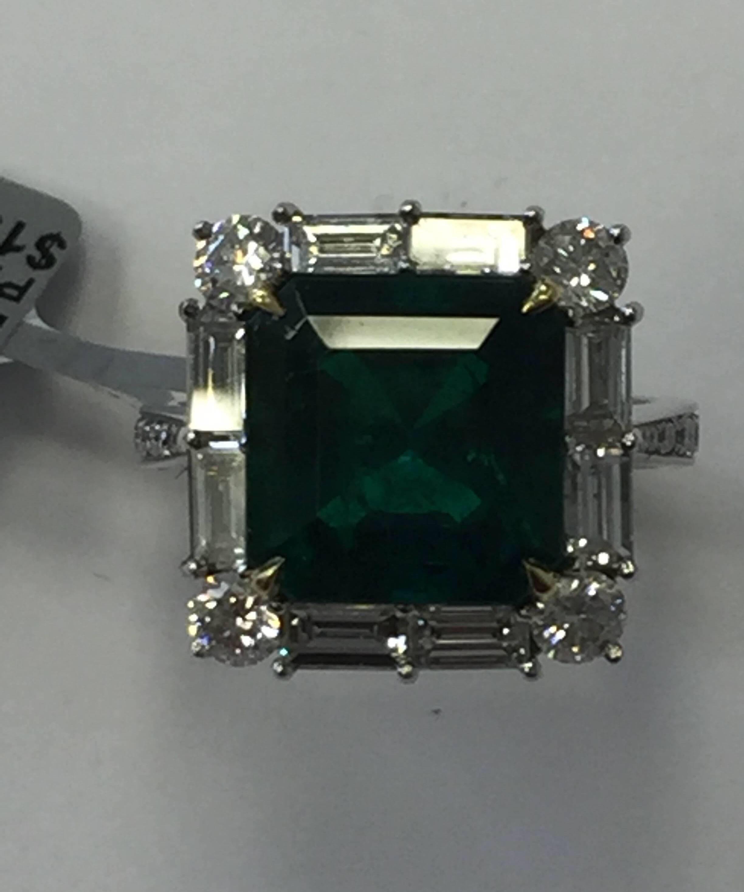 Estate Look Emerald Cut Emerald and Diamond Ring in Platinum In New Condition In Los Angeles, CA