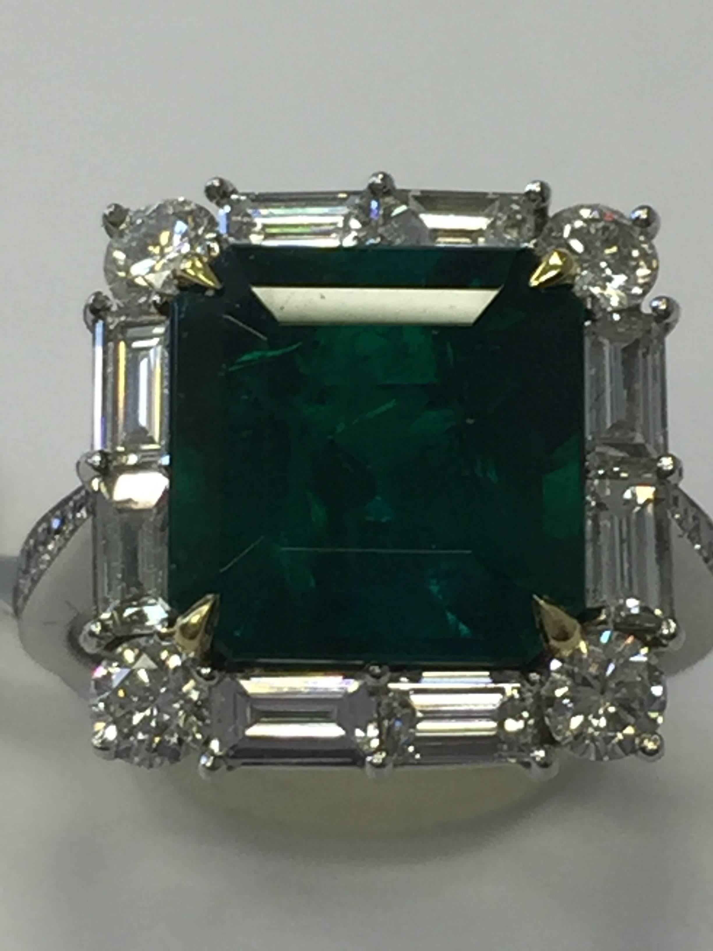 Women's or Men's Estate Look Emerald Cut Emerald and Diamond Ring in Platinum