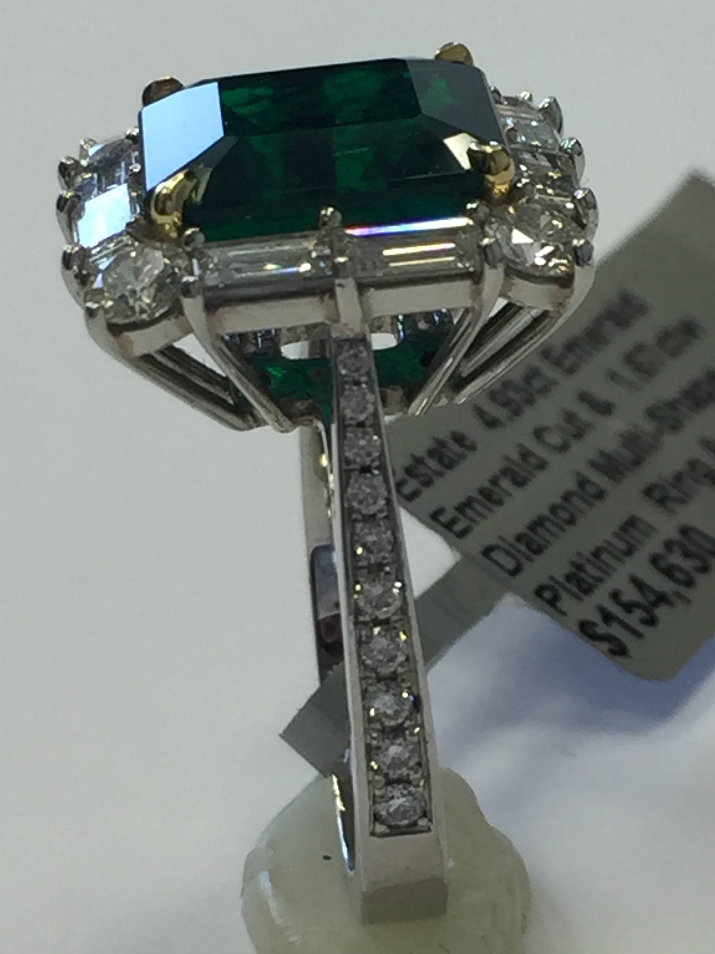 Estate Look Emerald Cut Emerald and Diamond Ring in Platinum 1