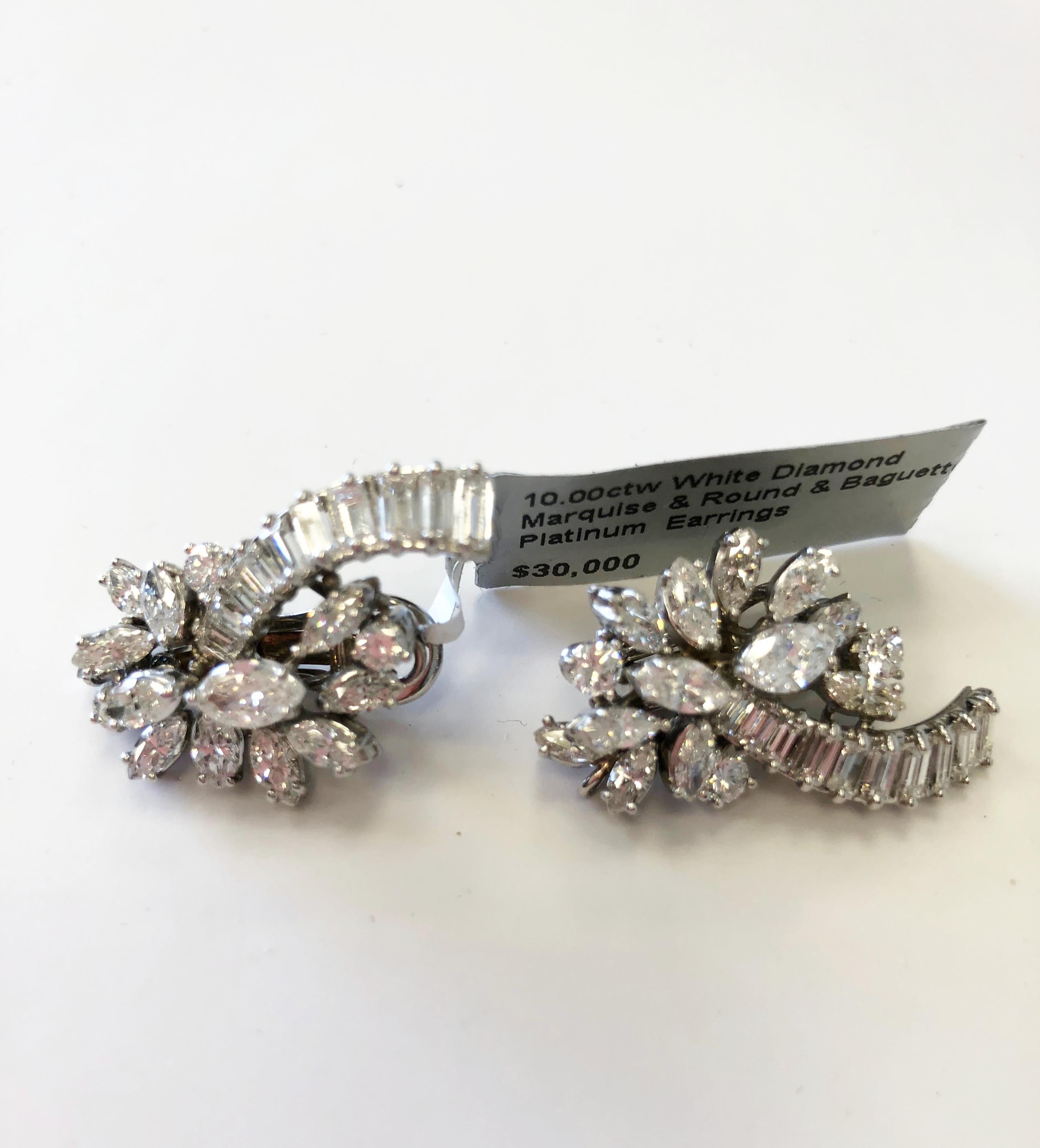 Marquise Cut Estate Look White Diamond Marquise, Round, and Baguette Clip Earrings in Plat