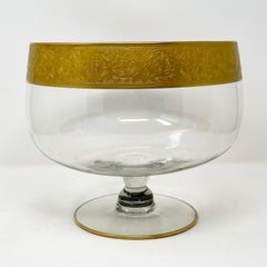 Estate Lotus Design Gold Leaf Etched Crystal Punch Bowl & 12 Glasses, Circa 1940