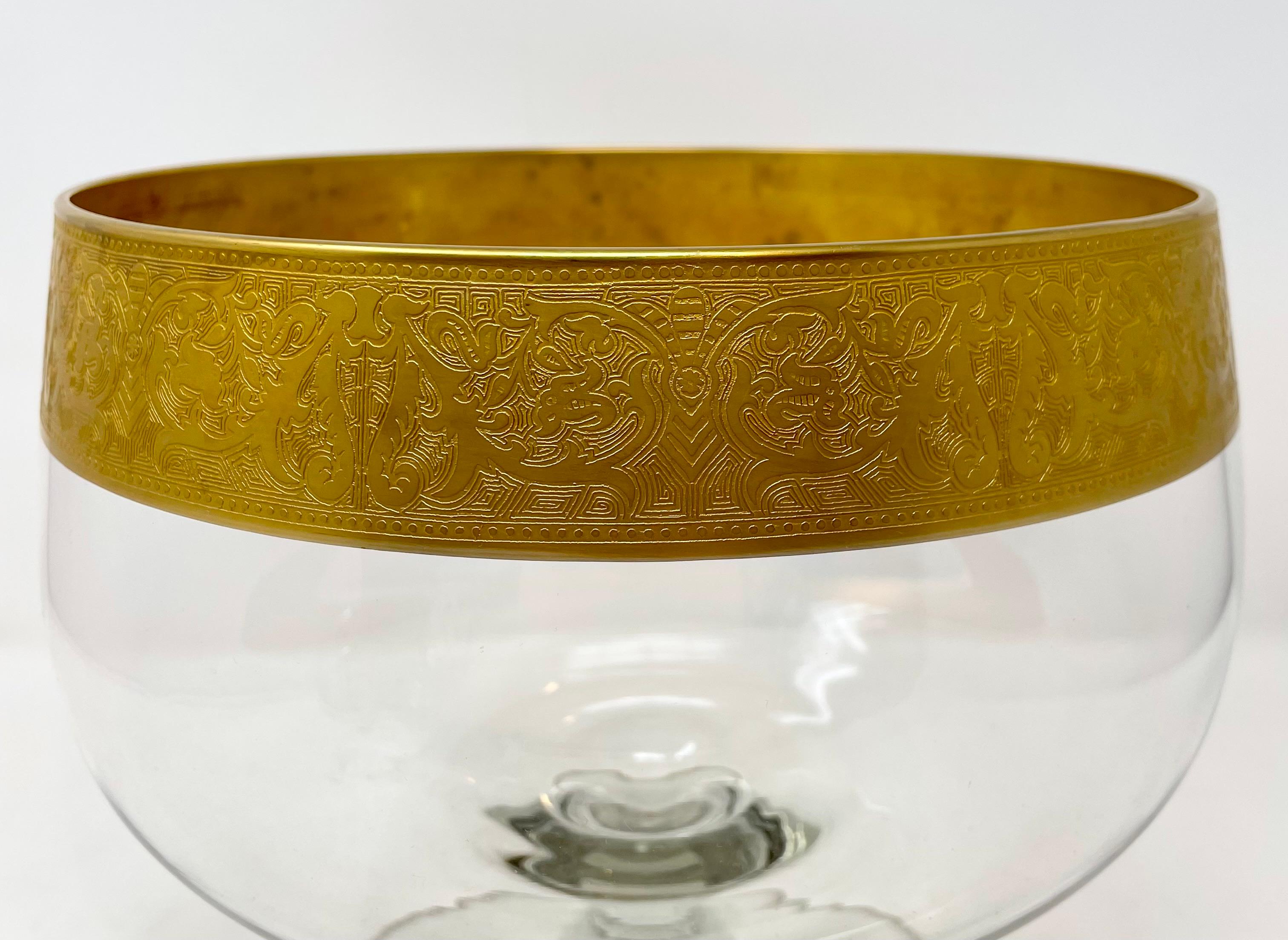 20th Century Estate Lotus Design Gold Leaf Etched Crystal Punch Bowl & 12 Glasses, Circa 1940