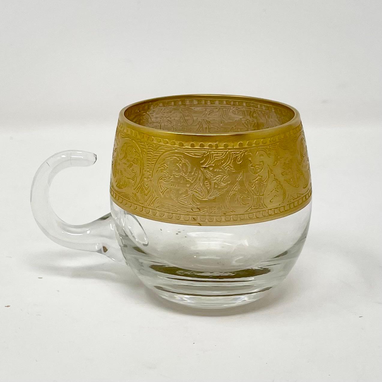 Estate Lotus Design Gold Leaf Etched Crystal Punch Bowl & 12 Glasses, Circa 1940 1
