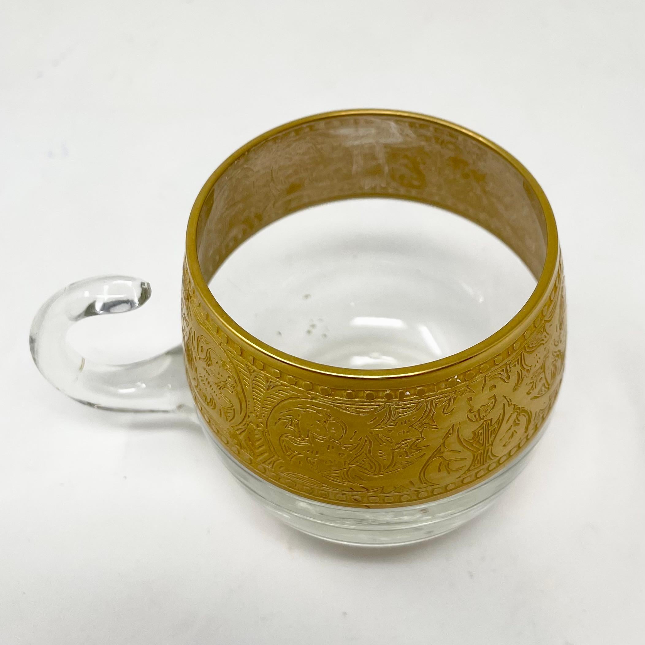 Estate Lotus Design Gold Leaf Etched Crystal Punch Bowl & 12 Glasses, Circa 1940 2