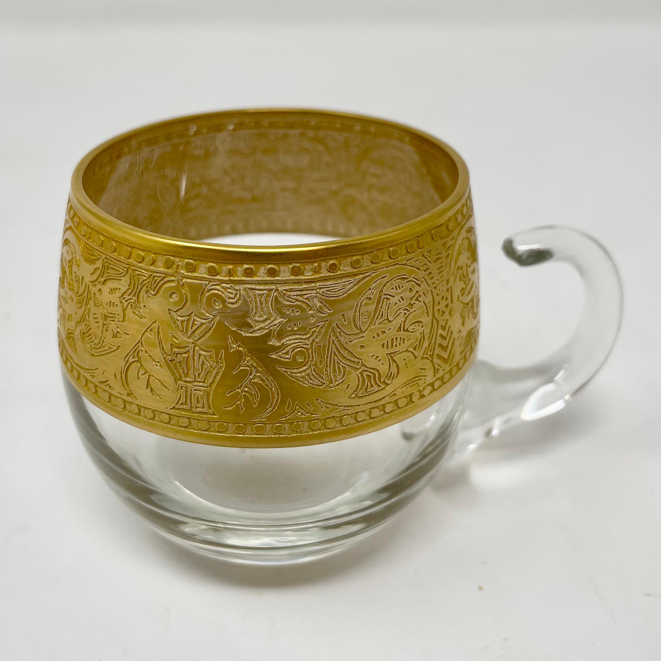 Estate Lotus Design Gold Leaf Etched Crystal Punch Bowl & 12 Glasses, Circa 1940 3