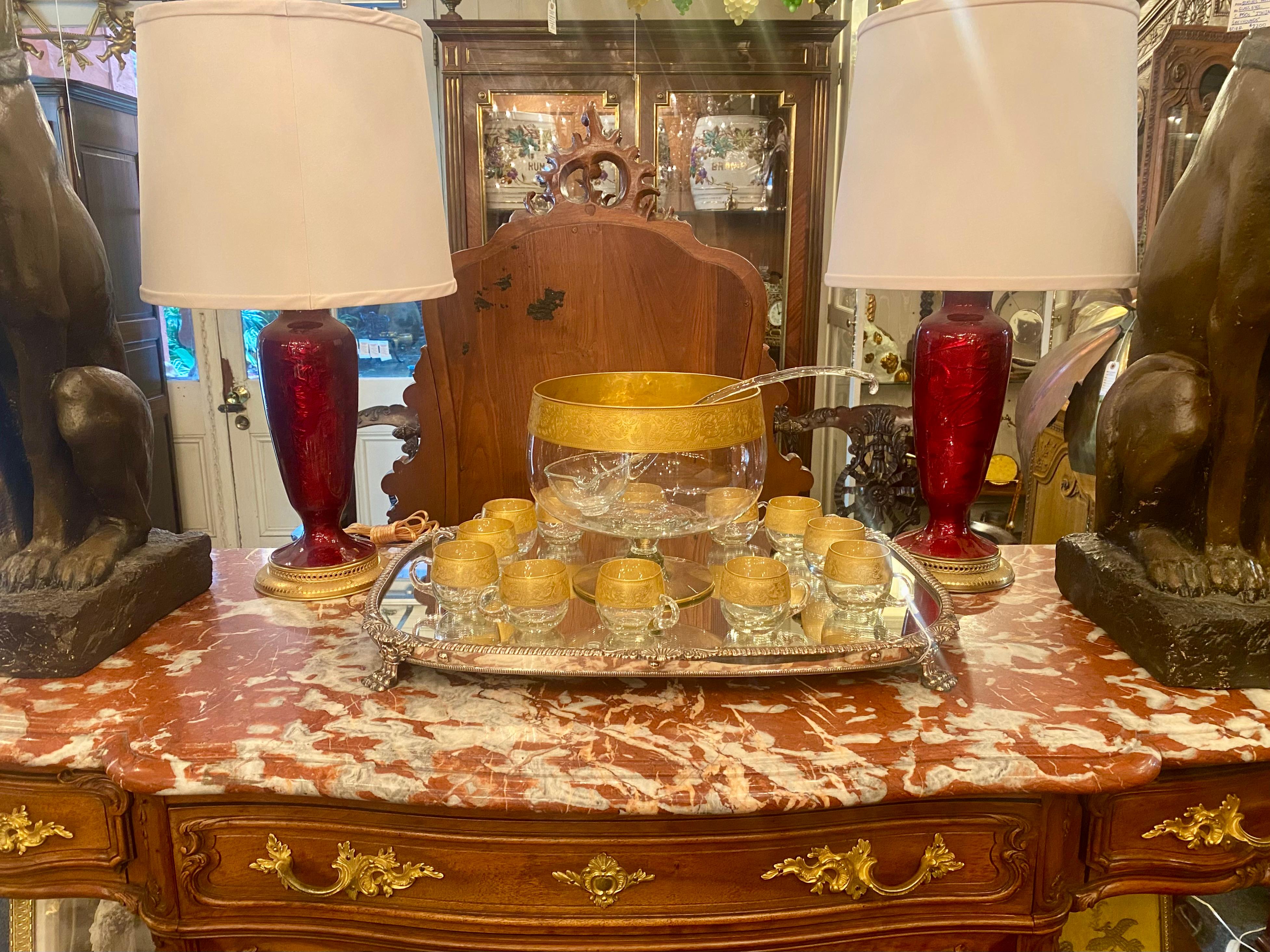 Estate Lotus Design Gold Leaf Etched Crystal Punch Bowl & 12 Glasses, Circa 1940 5